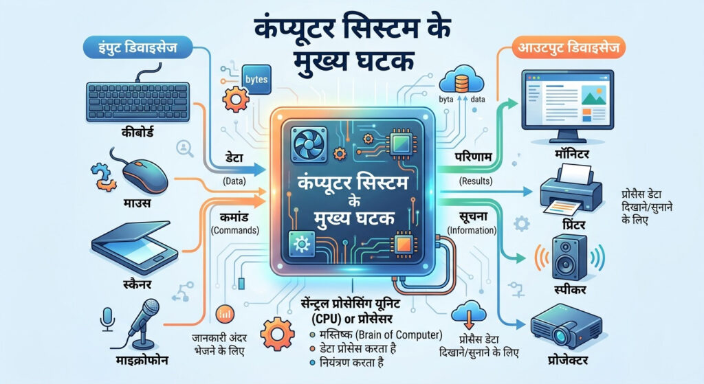 computer system components diagram showing input cpu and output devices