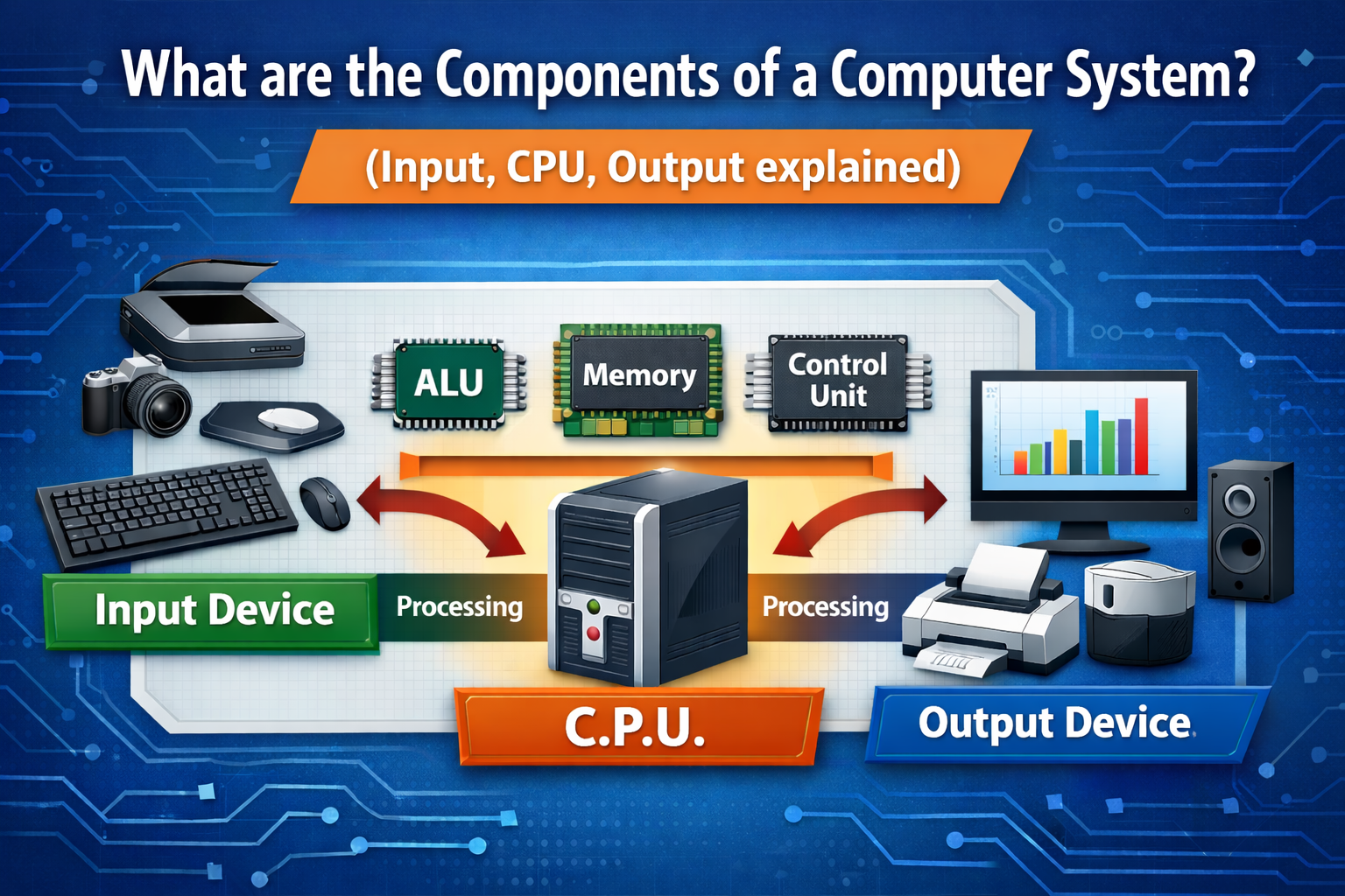 computer system components diagram showing input device cpu and output device