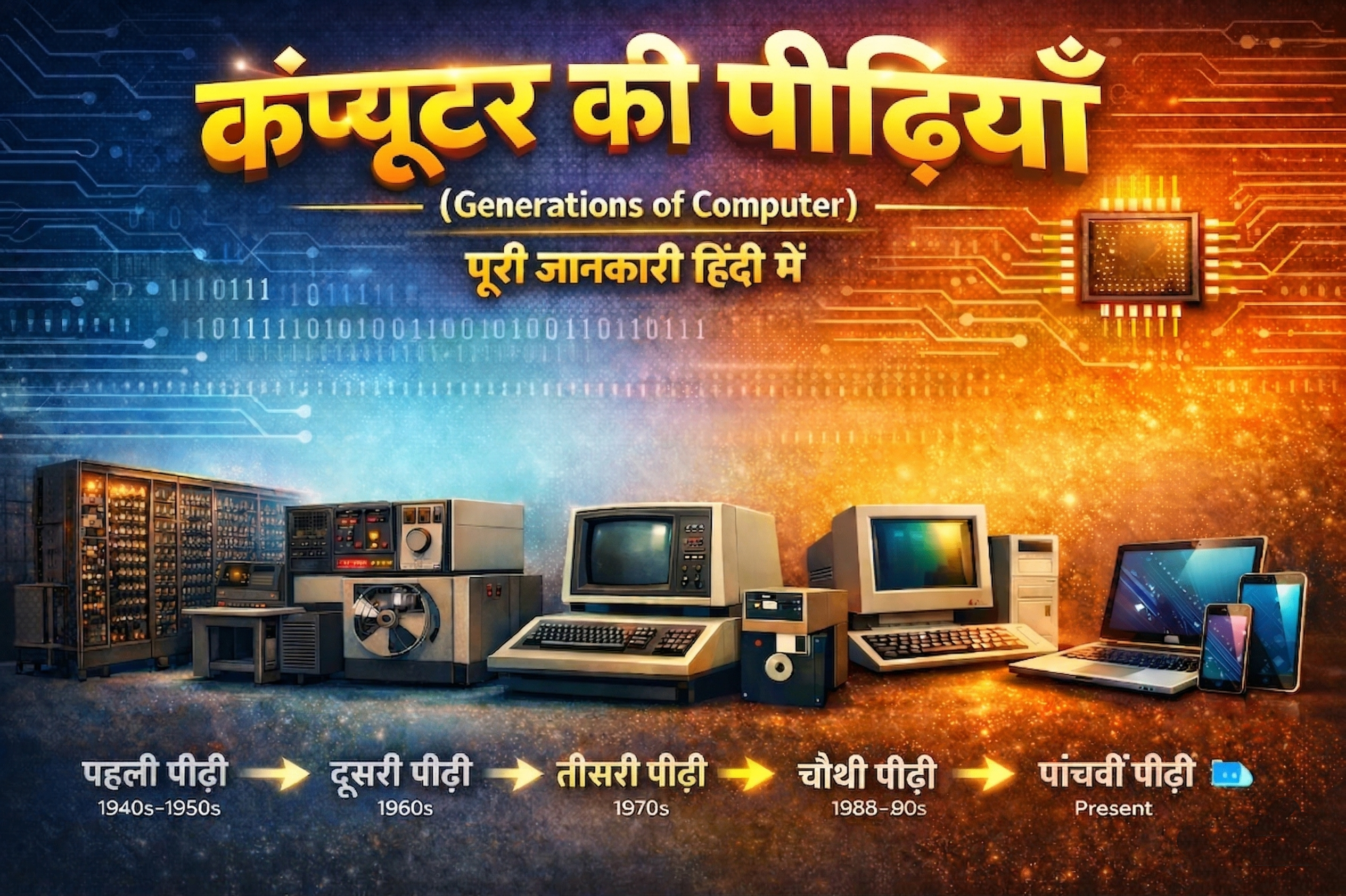 कंप्यूटर की पीढ़ियाँ (Generations of Computer) का टाइमलाइन इमेज जिसमें पहली से पाँचवीं पीढ़ी तक के कंप्यूटर (1940s से वर्तमान तक) को पुराने बड़े मशीन से लेकर आधुनिक लैपटॉप और स्मार्टफोन तक दिखाया गया है।
