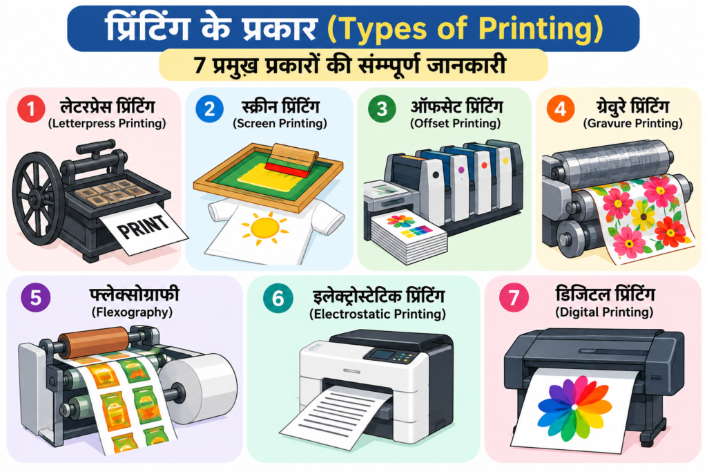 प्रिंटिंग के प्रकार (Types of Printing) – 7 प्रमुख प्रकारों की सम्पूर्ण जानकारी