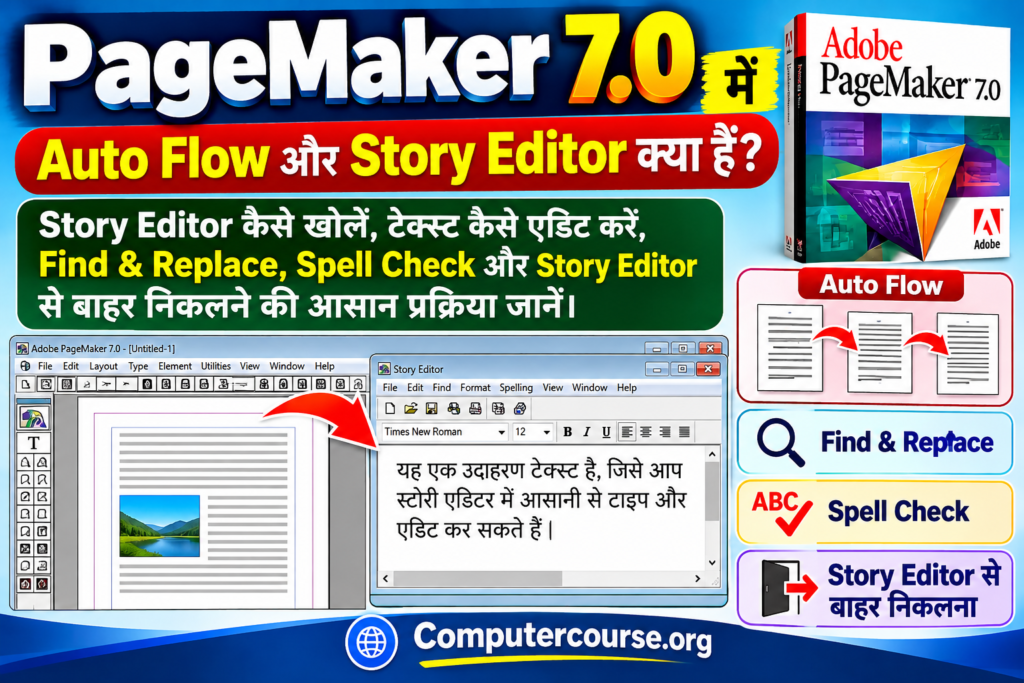 PageMaker 7.0 में Auto Flow और Story Editor क्या हैं? Story Editor कैसे खोलें, टेक्स्ट कैसे एडिट करें, Find & Replace, Spell Check और Story Editor से बाहर निकलने की आसान प्रक्रिया जानें।
