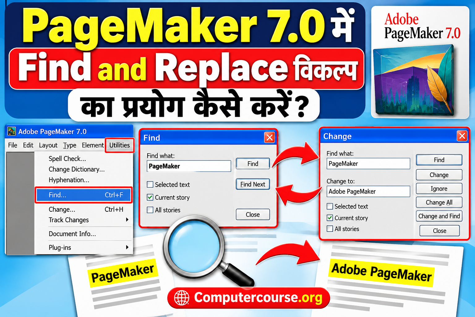 PageMaker 7.0 में Find and Replace विकल्प का प्रयोग कैसे करें?
